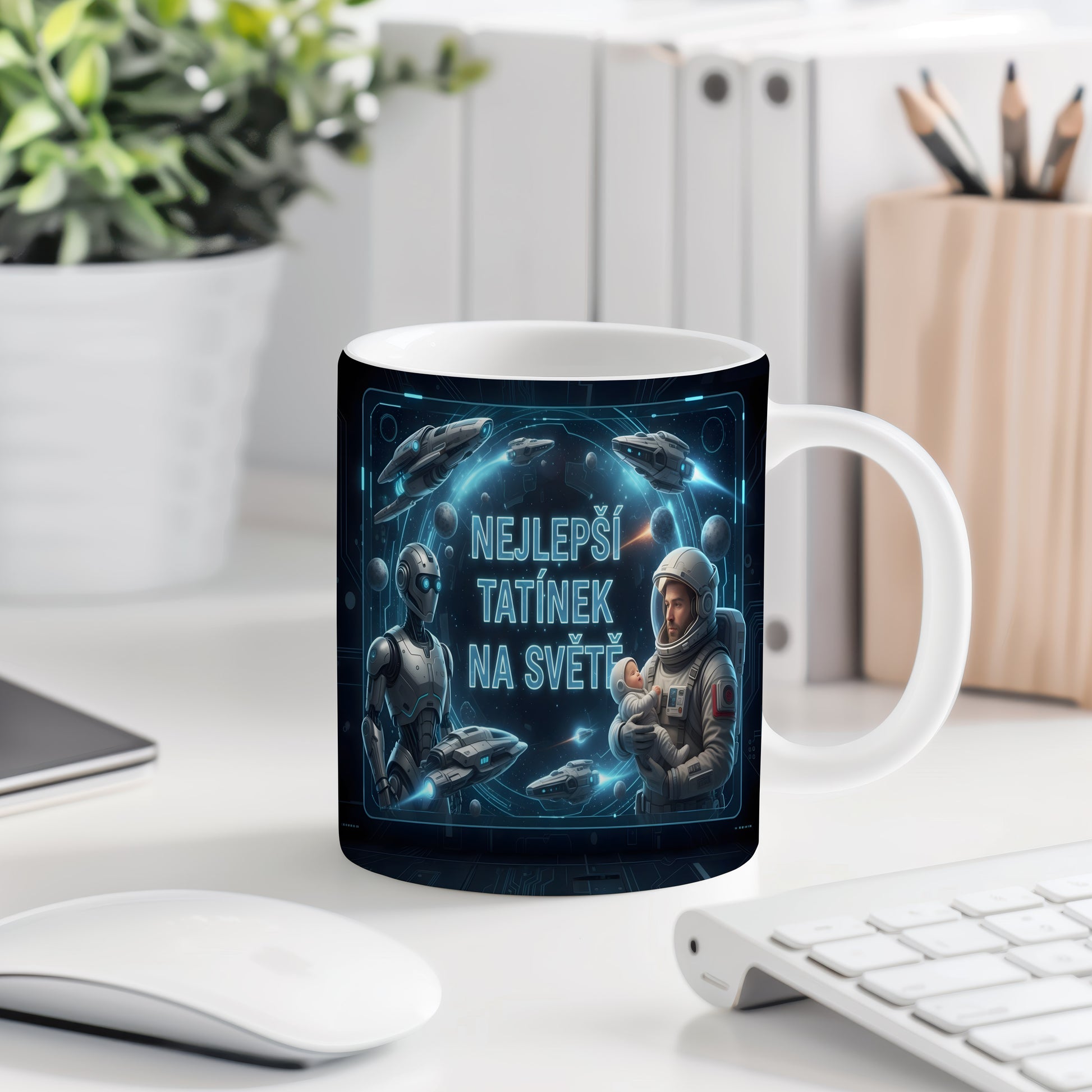 Hrnek s motivem astronauta a vesmírných lodí.
