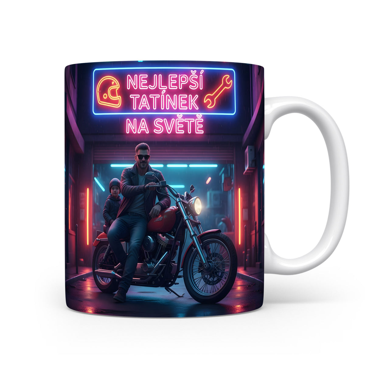 Hrnek s motorkářem a neonovým nápisem NEJLEPŠÍ TATÍNEK NA SVĚTĚ.