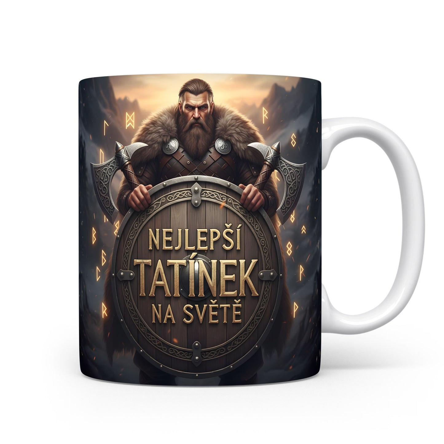 Hrnek s vikingským válečníkem a nápisem NEJLEPŠÍ TATÍNEK NA SVĚTĚ.