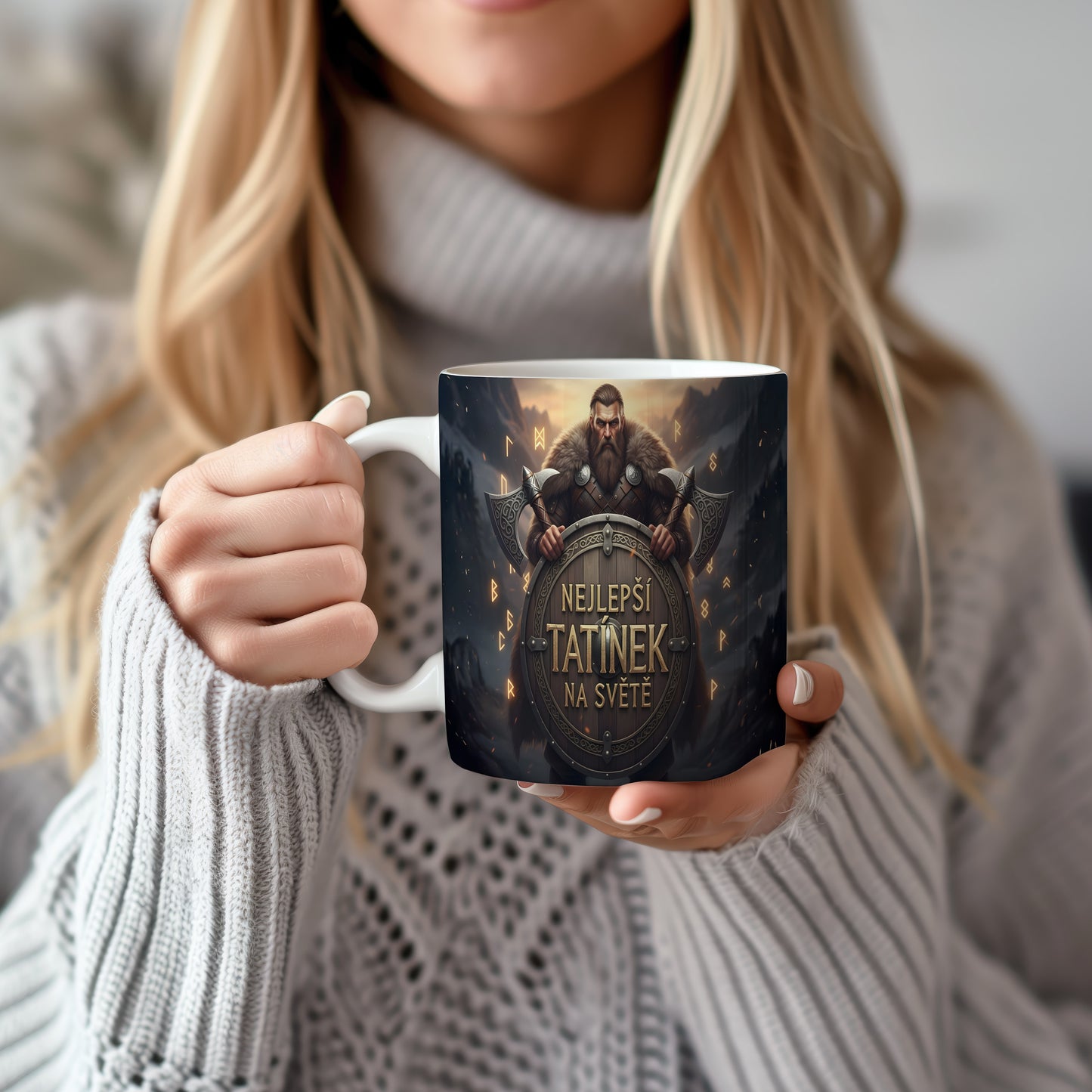 Hrnek s vikingským válečníkem a nápisem NEJLEPŠÍ TATÍNEK NA SVĚTĚ.