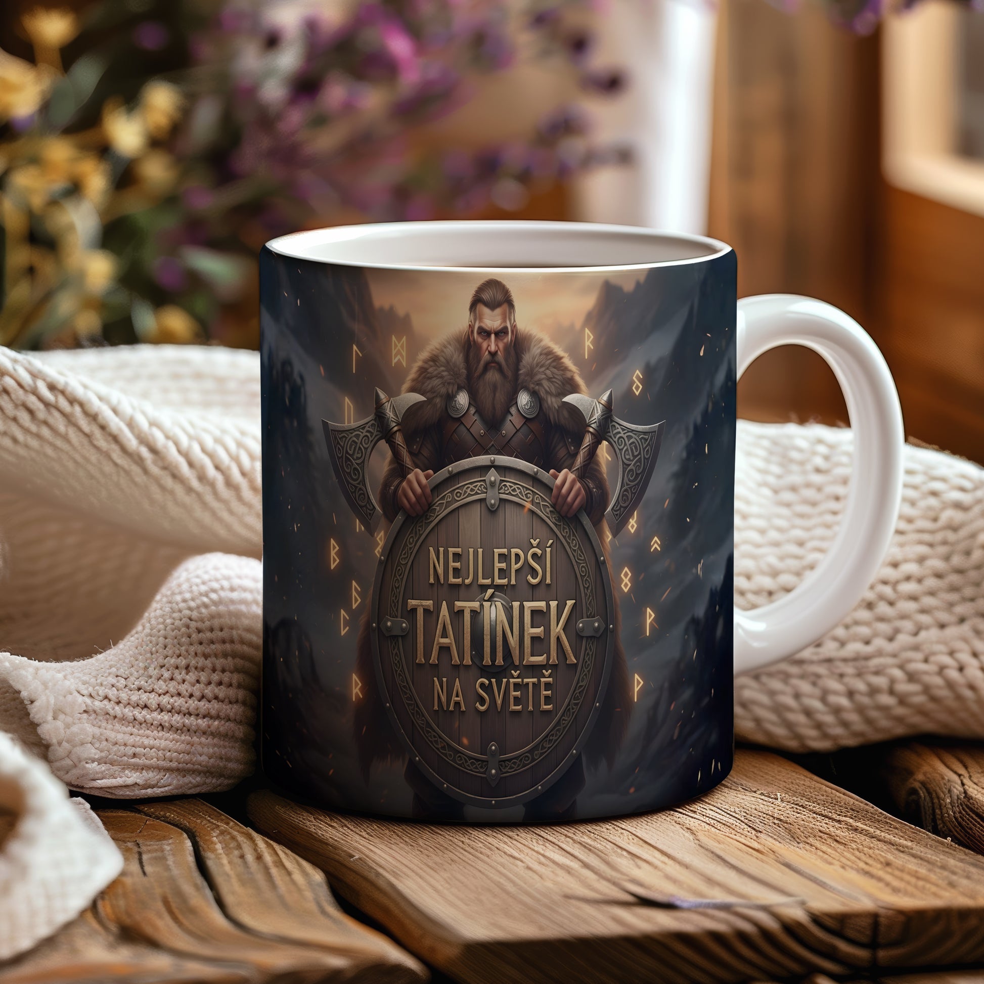 Hrnek s vikingským válečníkem a nápisem NEJLEPŠÍ TATÍNEK NA SVĚTĚ.