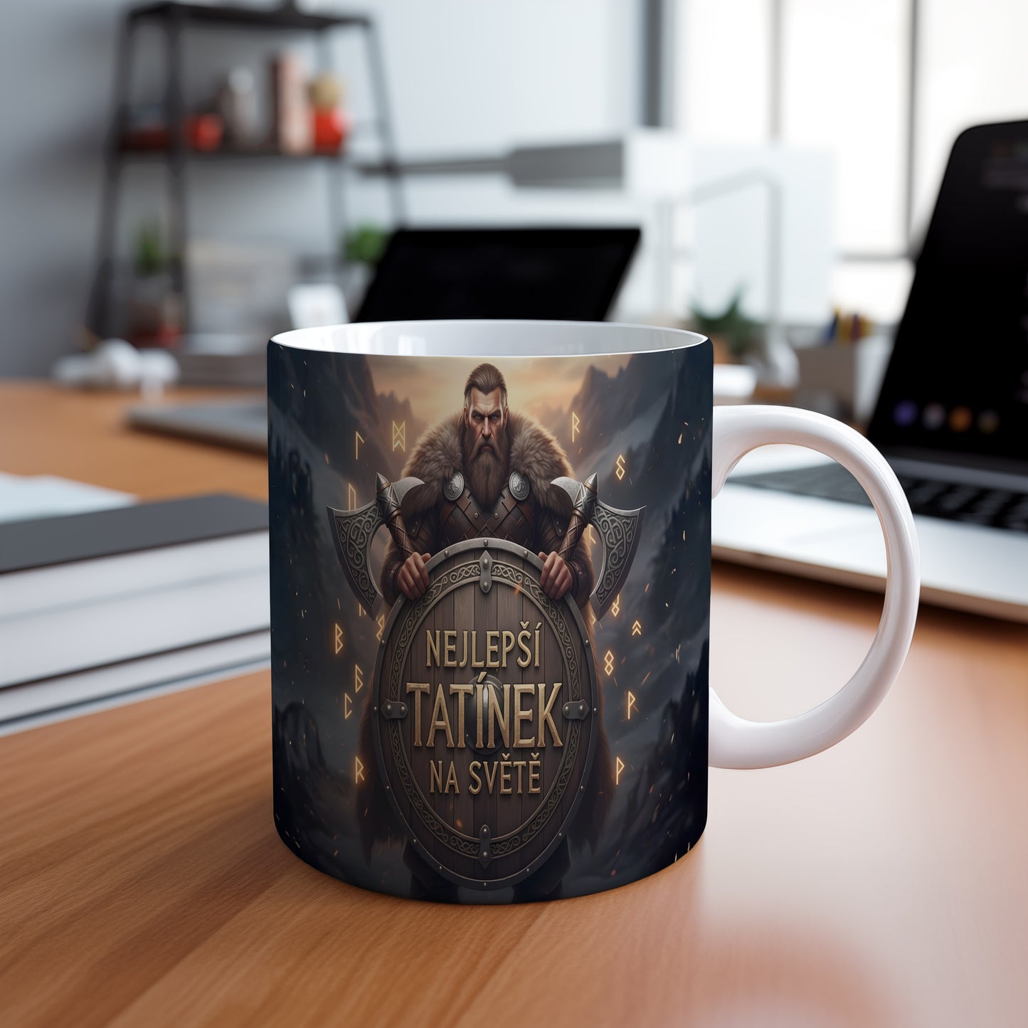 Hrnek s vikingským válečníkem a nápisem NEJLEPŠÍ TATÍNEK NA SVĚTĚ.
