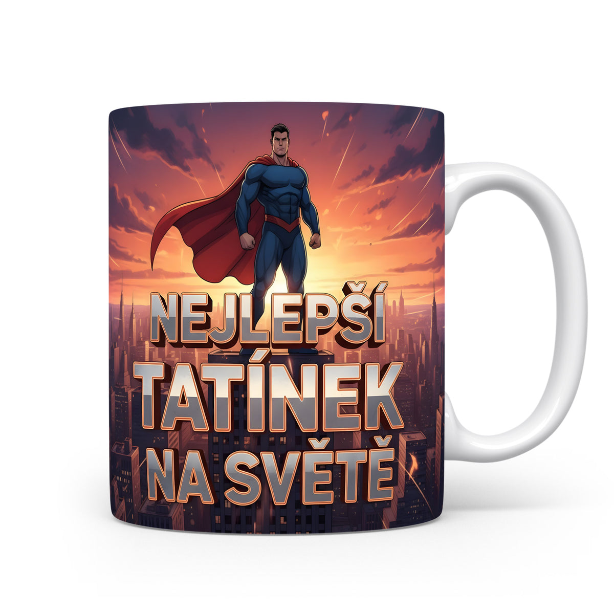 Hrnek s motivem superhrdiny a nápisem 'NEJLEPŠÍ TATÍNEK NA SVĚTĚ'.