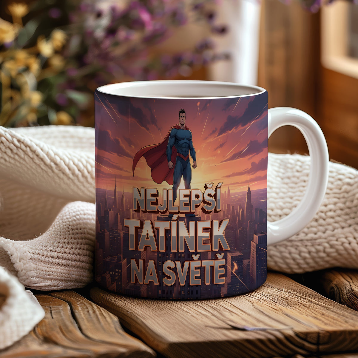 Hrnek s motivem superhrdiny a nápisem 'NEJLEPŠÍ TATÍNEK NA SVĚTĚ'.