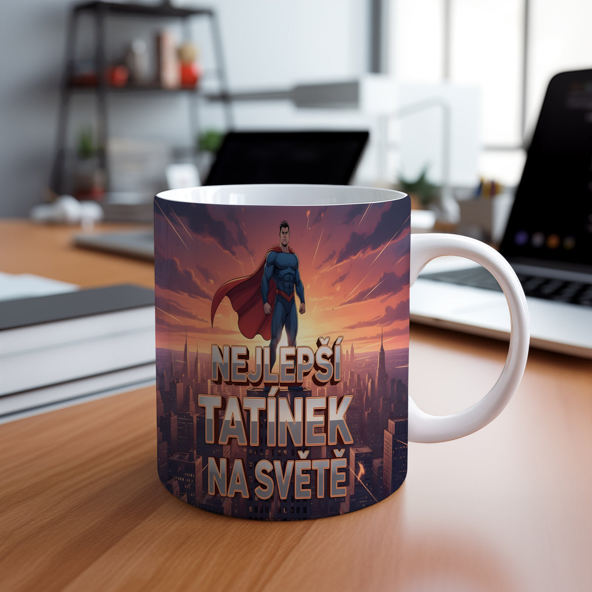 Hrnek s motivem superhrdiny a nápisem 'NEJLEPŠÍ TATÍNEK NA SVĚTĚ'.