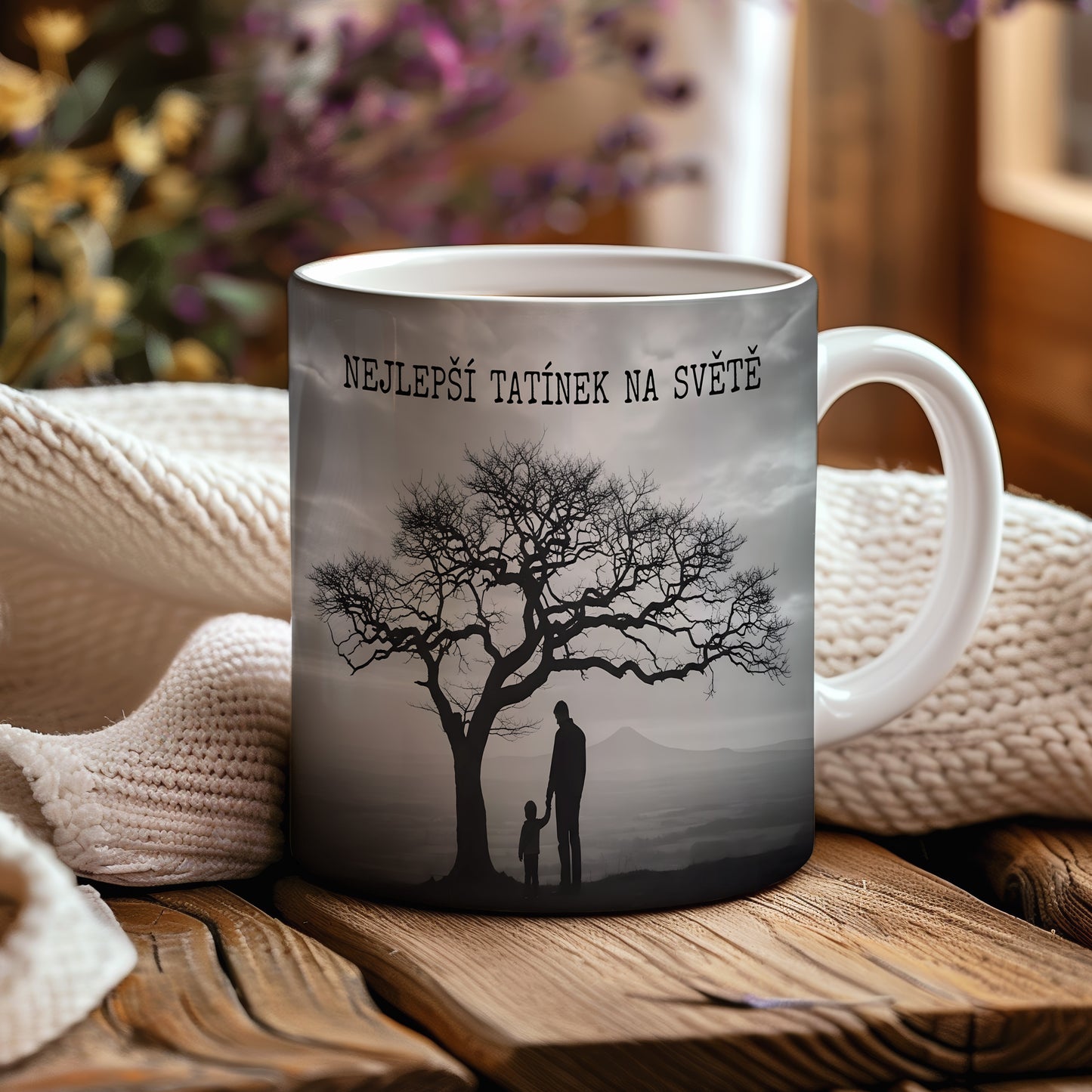 Hrnek s černobílou siluetou otce a dítěte pod stromem.