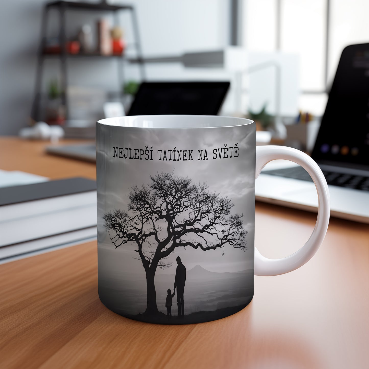 Hrnek s černobílou siluetou otce a dítěte pod stromem.