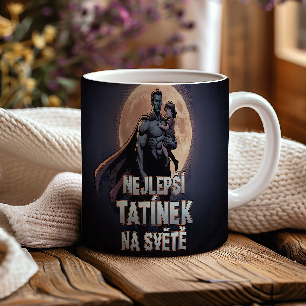 Hrnek s motivem superhrdiny držícího dítě před měsícem.
