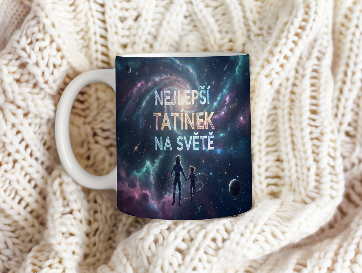 Hrnek s vesmírným motivem a nápisem NEJLEPŠÍ TATÍNEK NA SVĚTĚ.