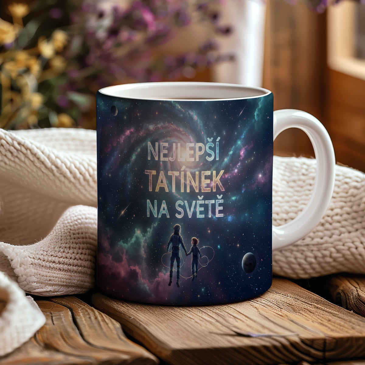 Hrnek s vesmírným motivem a nápisem NEJLEPŠÍ TATÍNEK NA SVĚTĚ.