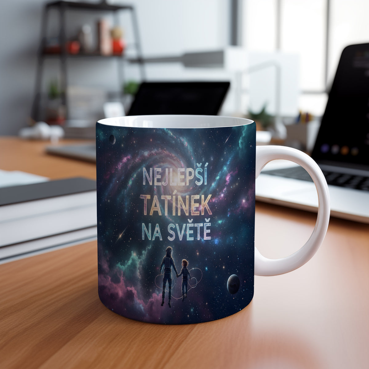 Hrnek s vesmírným motivem a nápisem NEJLEPŠÍ TATÍNEK NA SVĚTĚ.