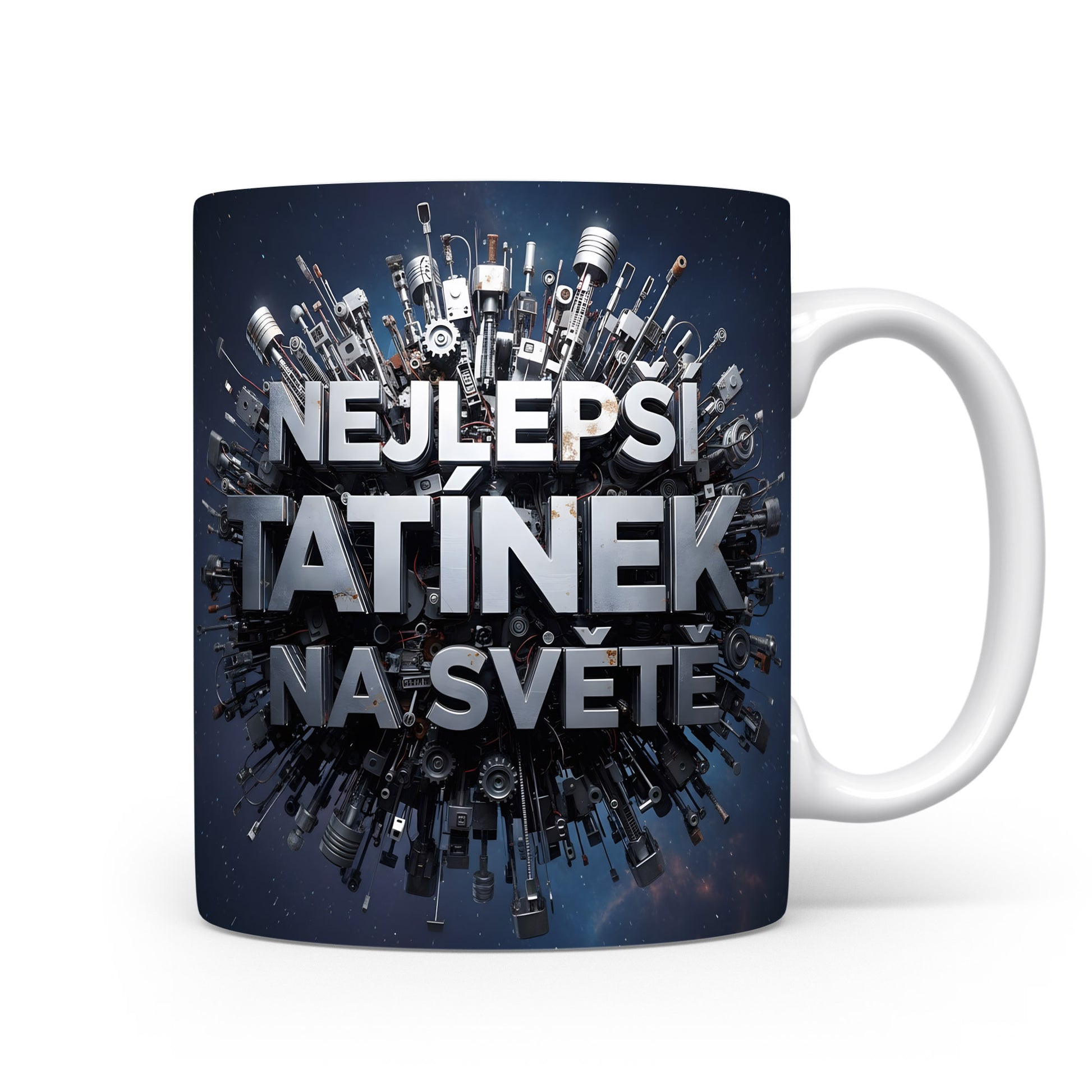 Hrnek s nápisem NEJLEPŠÍ TATÍNEK NA SVĚTĚ a technickými motivy.