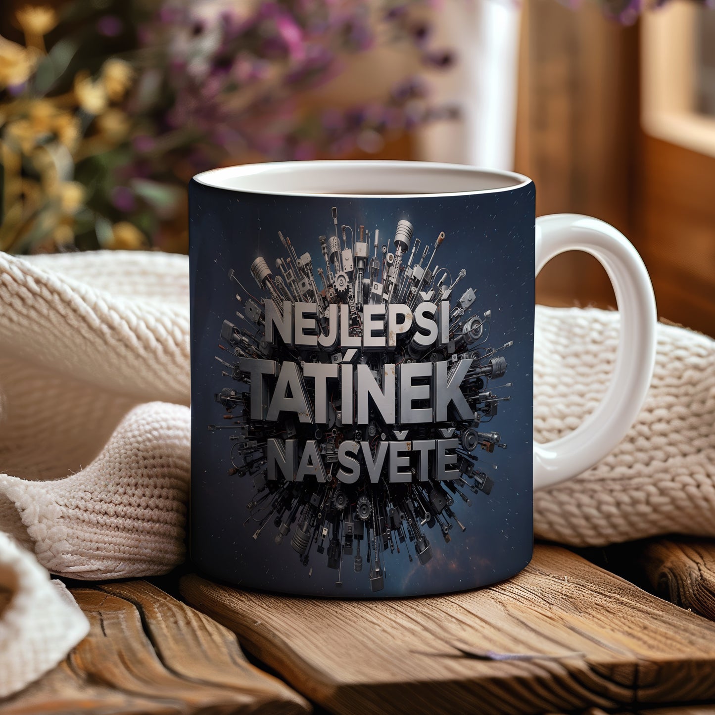 Hrnek s nápisem NEJLEPŠÍ TATÍNEK NA SVĚTĚ a technickými motivy.