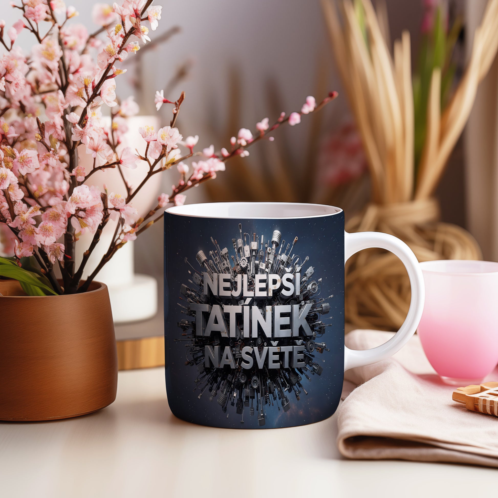 Hrnek s nápisem NEJLEPŠÍ TATÍNEK NA SVĚTĚ a technickými motivy.