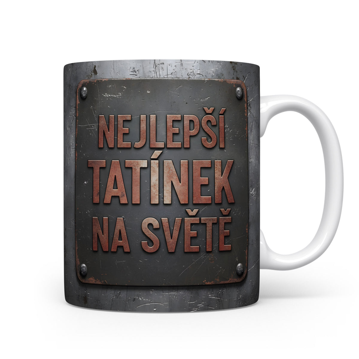 Hrnek s kovovým vzhledem a nápisem NEJLEPŠÍ TATÍNEK NA SVĚTĚ.