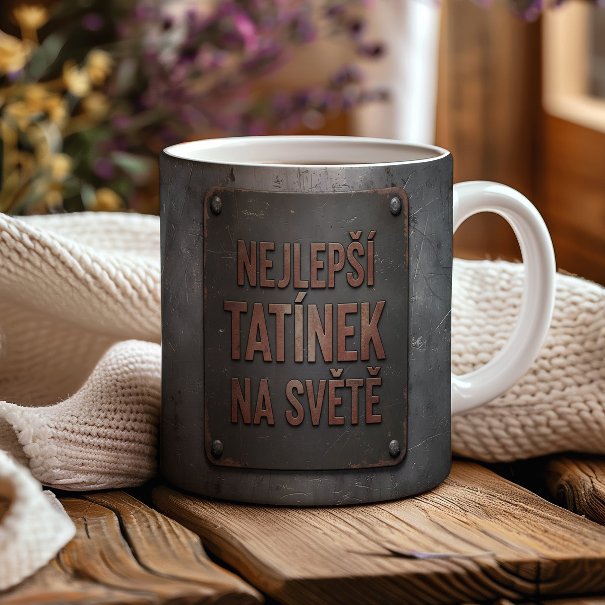Hrnek s kovovým vzhledem a nápisem NEJLEPŠÍ TATÍNEK NA SVĚTĚ.