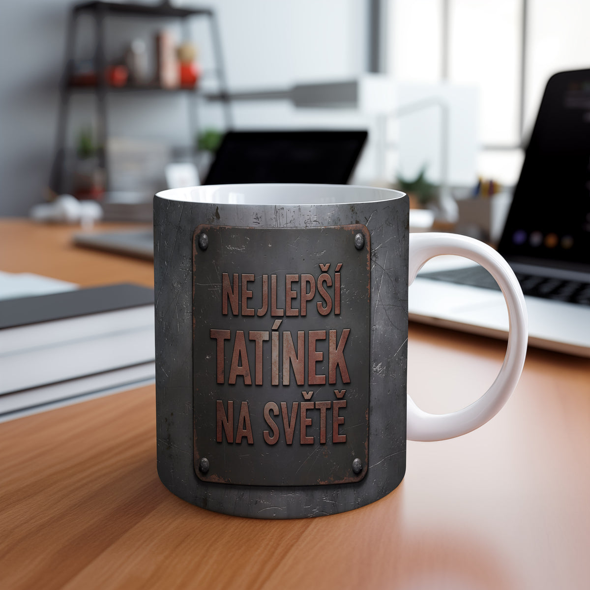 Hrnek s kovovým vzhledem a nápisem NEJLEPŠÍ TATÍNEK NA SVĚTĚ.