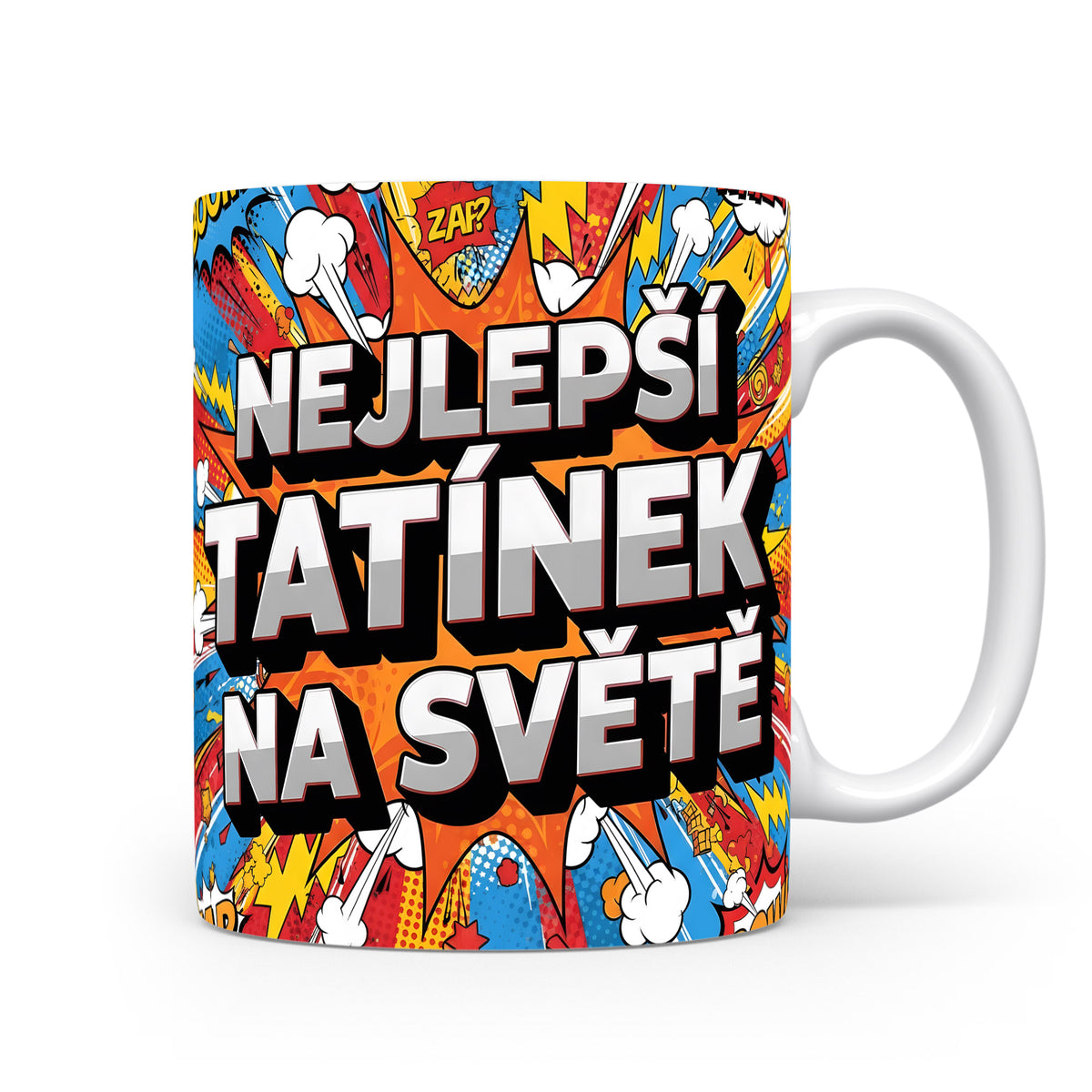 Hrnek s nápisem NEJLEPŠÍ TATÍNEK NA SVĚTĚ v komiksovém stylu.
