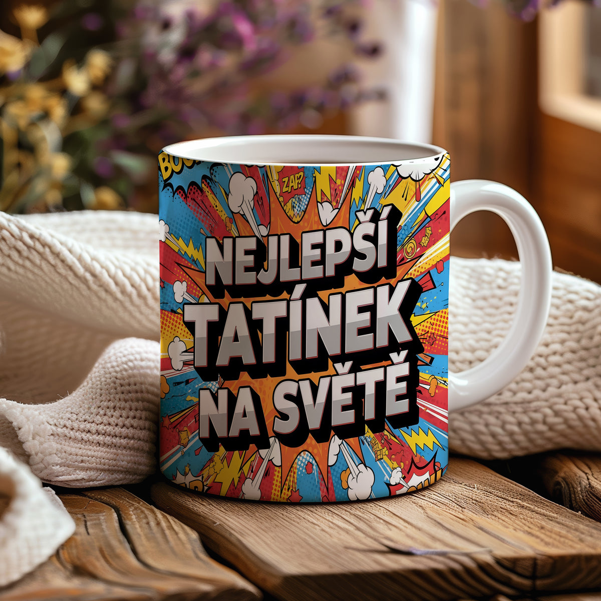 Hrnek s nápisem NEJLEPŠÍ TATÍNEK NA SVĚTĚ v komiksovém stylu.