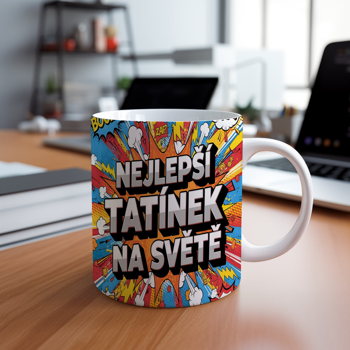 Hrnek s nápisem NEJLEPŠÍ TATÍNEK NA SVĚTĚ v komiksovém stylu.