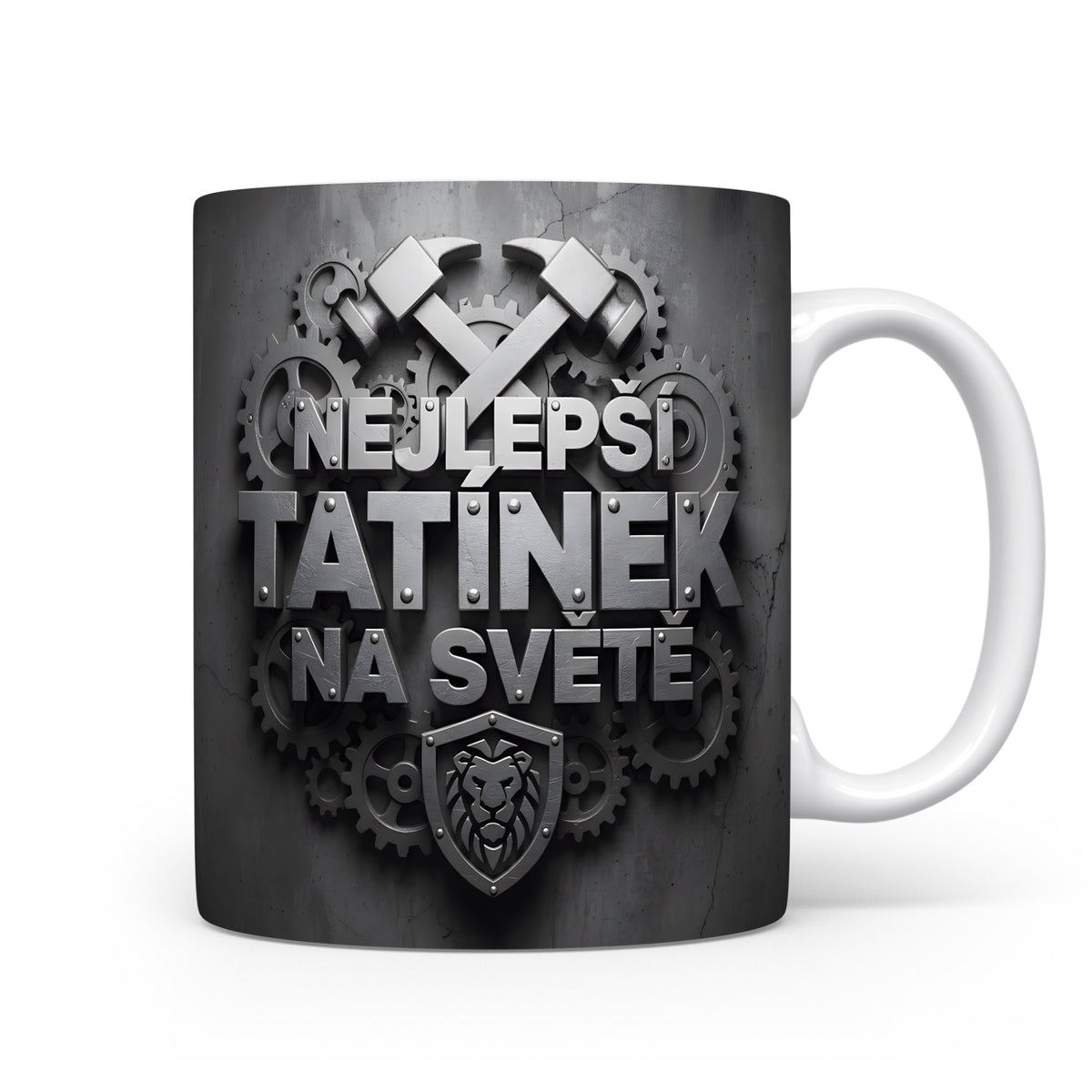 Hrnek s nápisem Nejlepší tatínek na světě s ozubenými koly a kladivy.