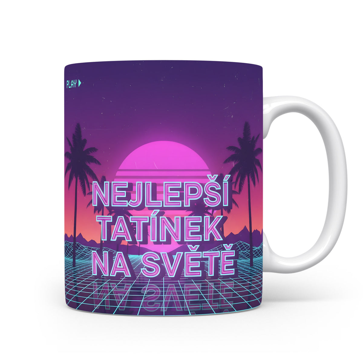 Hrnek s nápisem NEJLEPŠÍ TATÍNEK NA SVĚTĚ v retro stylu s palmami.