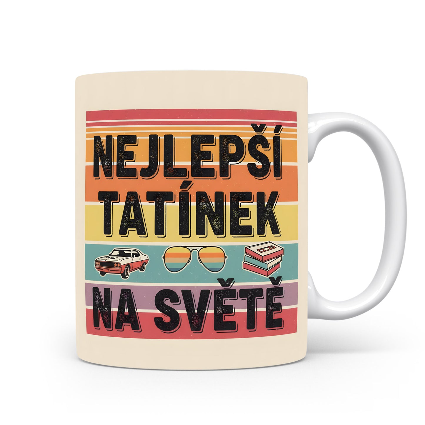 Hrnek s nápisem 'NEJLEPŠÍ TATÍNEK NA SVĚTĚ' a retro motivy.