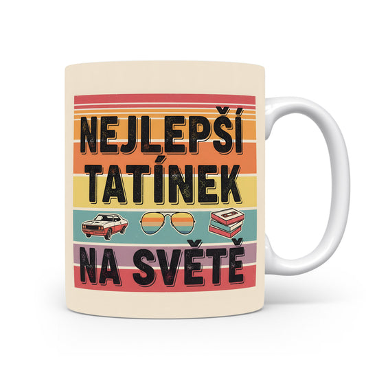 Hrnek s nápisem 'NEJLEPŠÍ TATÍNEK NA SVĚTĚ' a retro motivy.