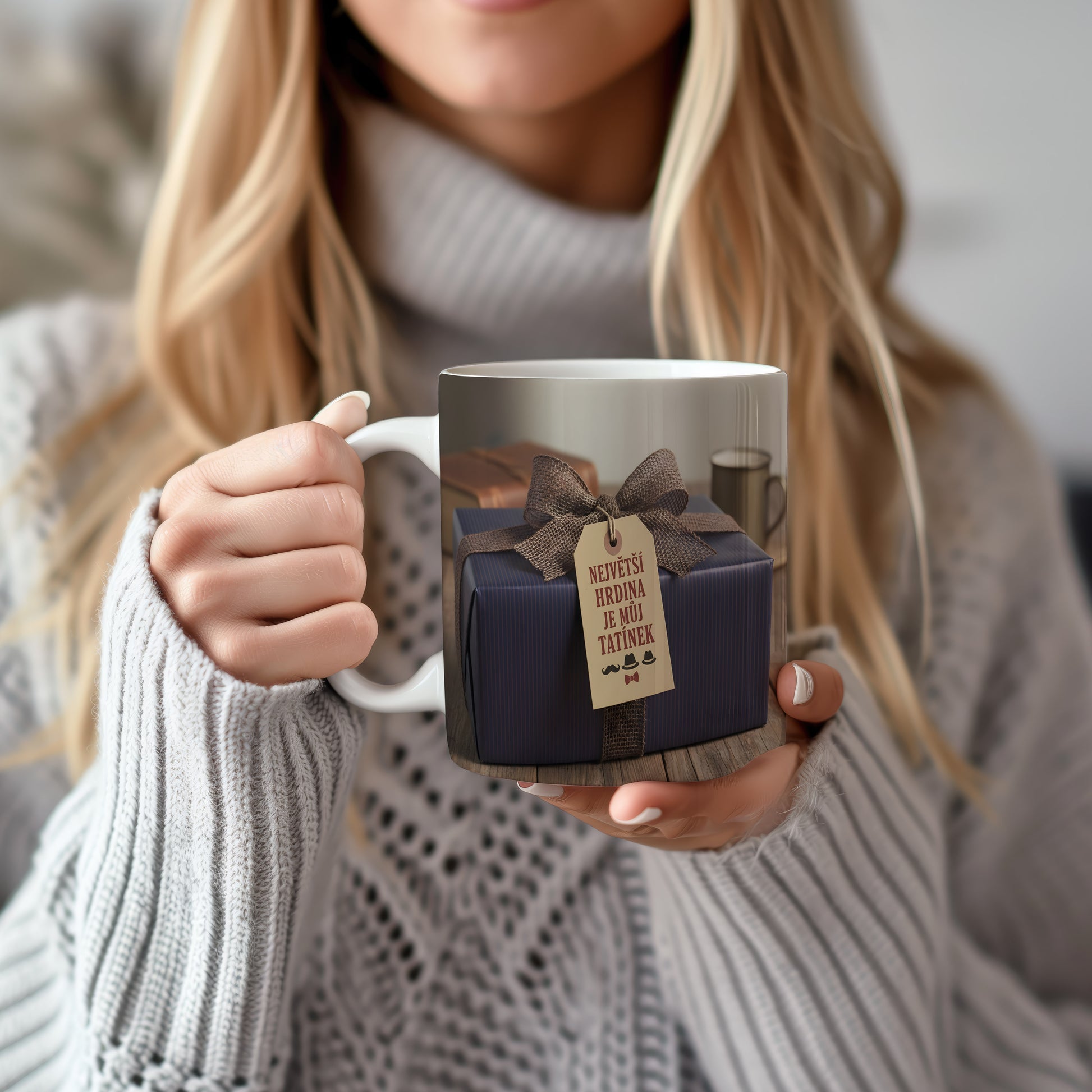 Hrnek s nápisem 'NEJVĚTŠÍ HRDINA JE MŮJ TATÍNEK' a rustikálním designem.