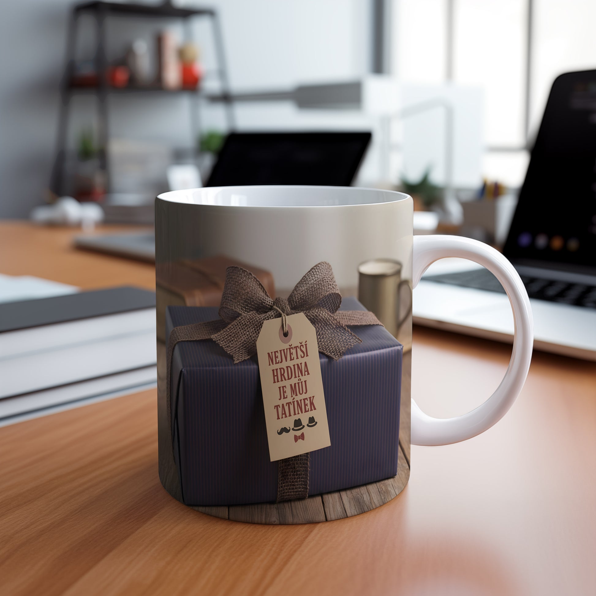 Hrnek s nápisem 'NEJVĚTŠÍ HRDINA JE MŮJ TATÍNEK' a rustikálním designem.