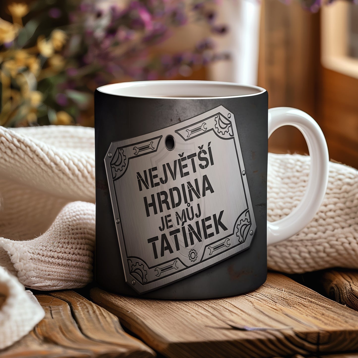 Černý hrnek s kovovým štítem a nápisem 'NEJVĚTŠÍ HRDINA JE MŮJ TATÍNEK'.