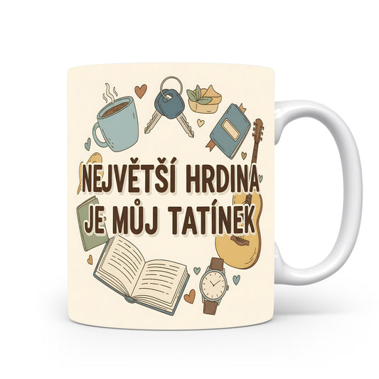 Béžový hrnek s nápisem a moderními motivy pro tatínka.