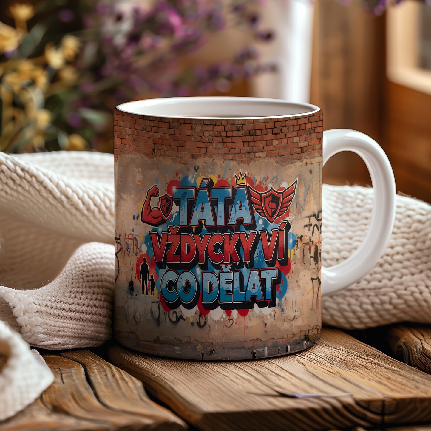 Hrnek s nápisem TÁTA VŽDYCKY VÍ CO DĚLAT na cihlové zdi s grafitti.