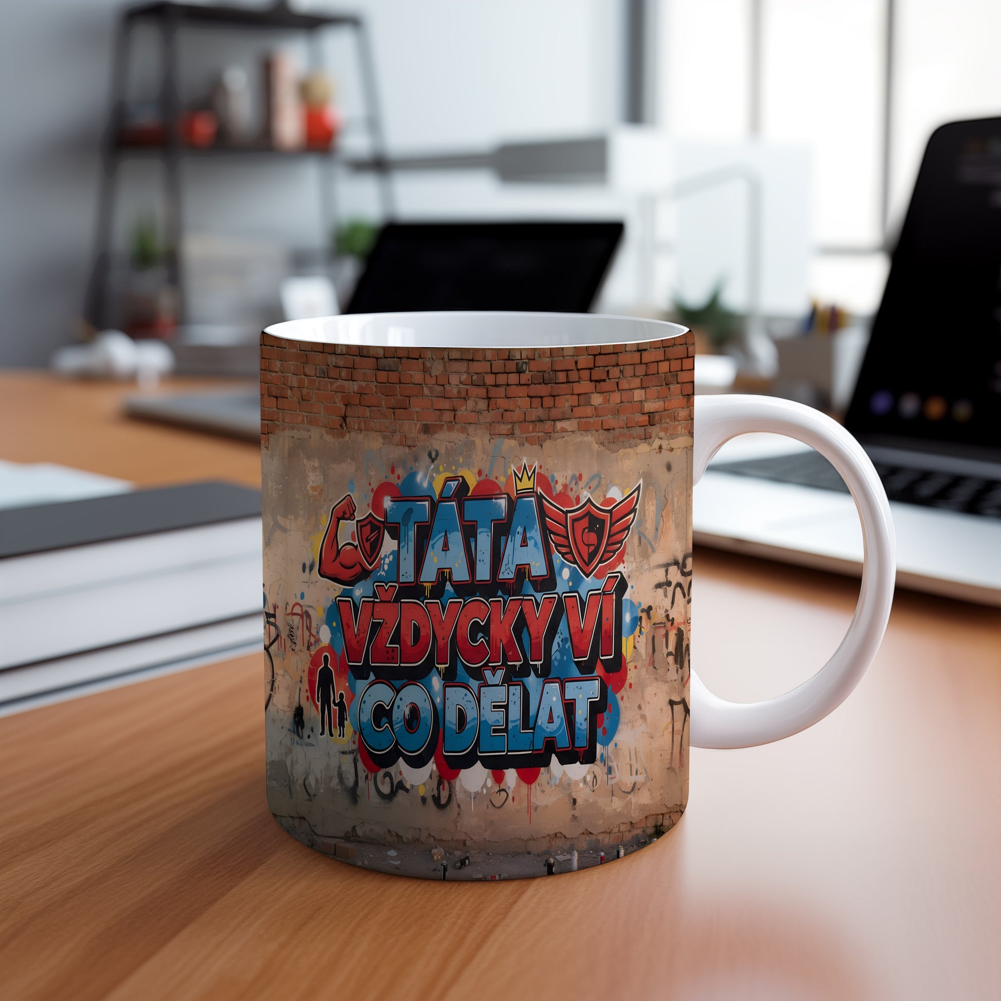 Hrnek s nápisem TÁTA VŽDYCKY VÍ CO DĚLAT na cihlové zdi s grafitti.