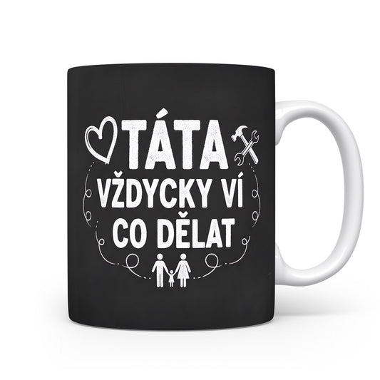 Černý hrnek s bílým nápisem a motivem srdce a nářadí.