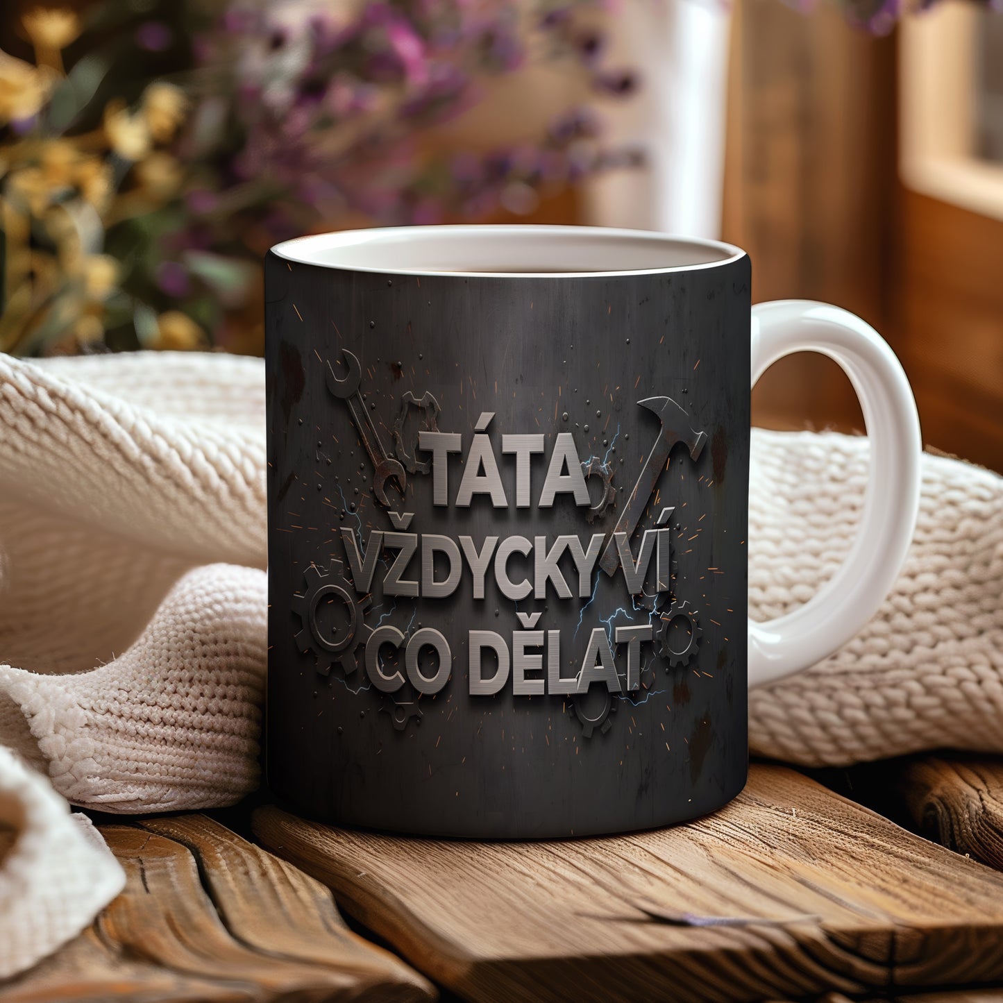 Hrnek s kovovým vzhledem a nápisem TÁTA VŽDYCKY VÍ CO DĚLAT.