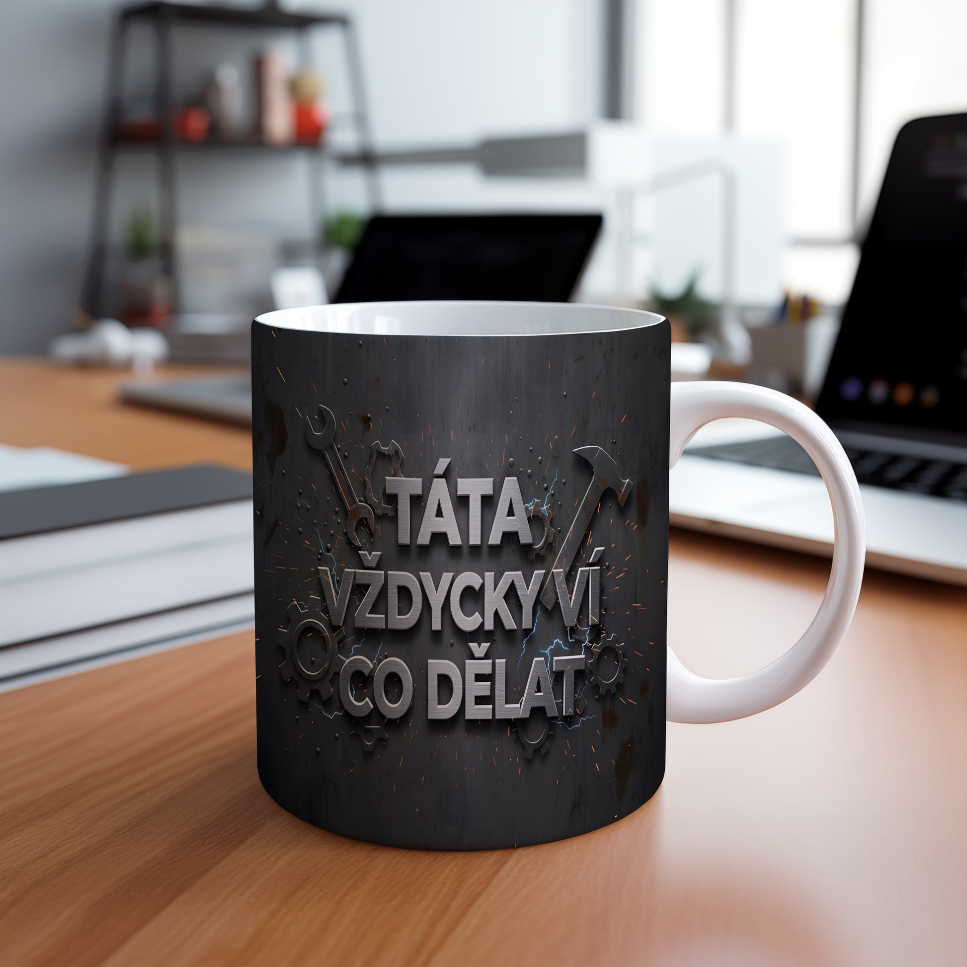 Hrnek s kovovým vzhledem a nápisem TÁTA VŽDYCKY VÍ CO DĚLAT.