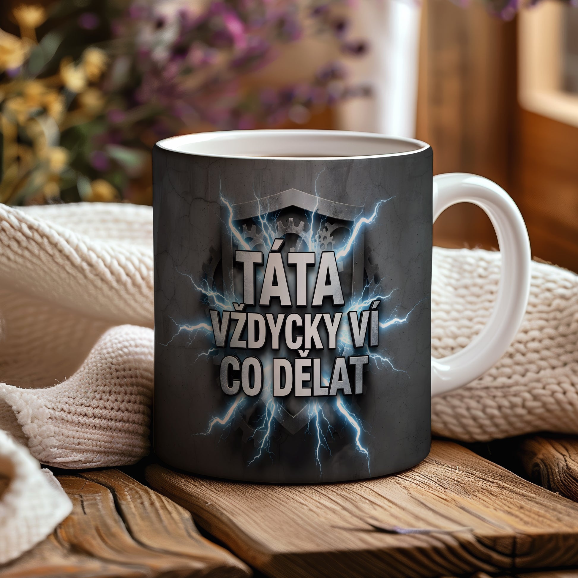 Hrnek s nápisem TÁTA VŽDYCKY VÍ CO DĚLAT a motivem blesků.