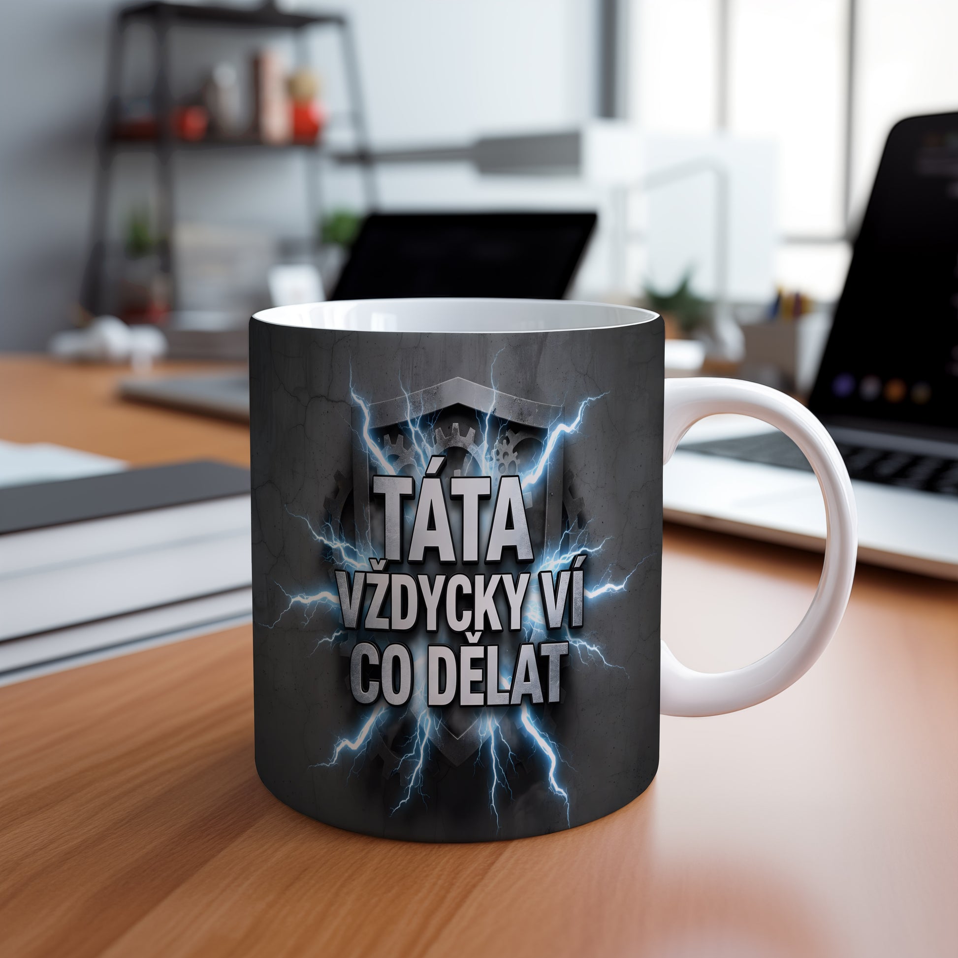 Hrnek s nápisem TÁTA VŽDYCKY VÍ CO DĚLAT a motivem blesků.