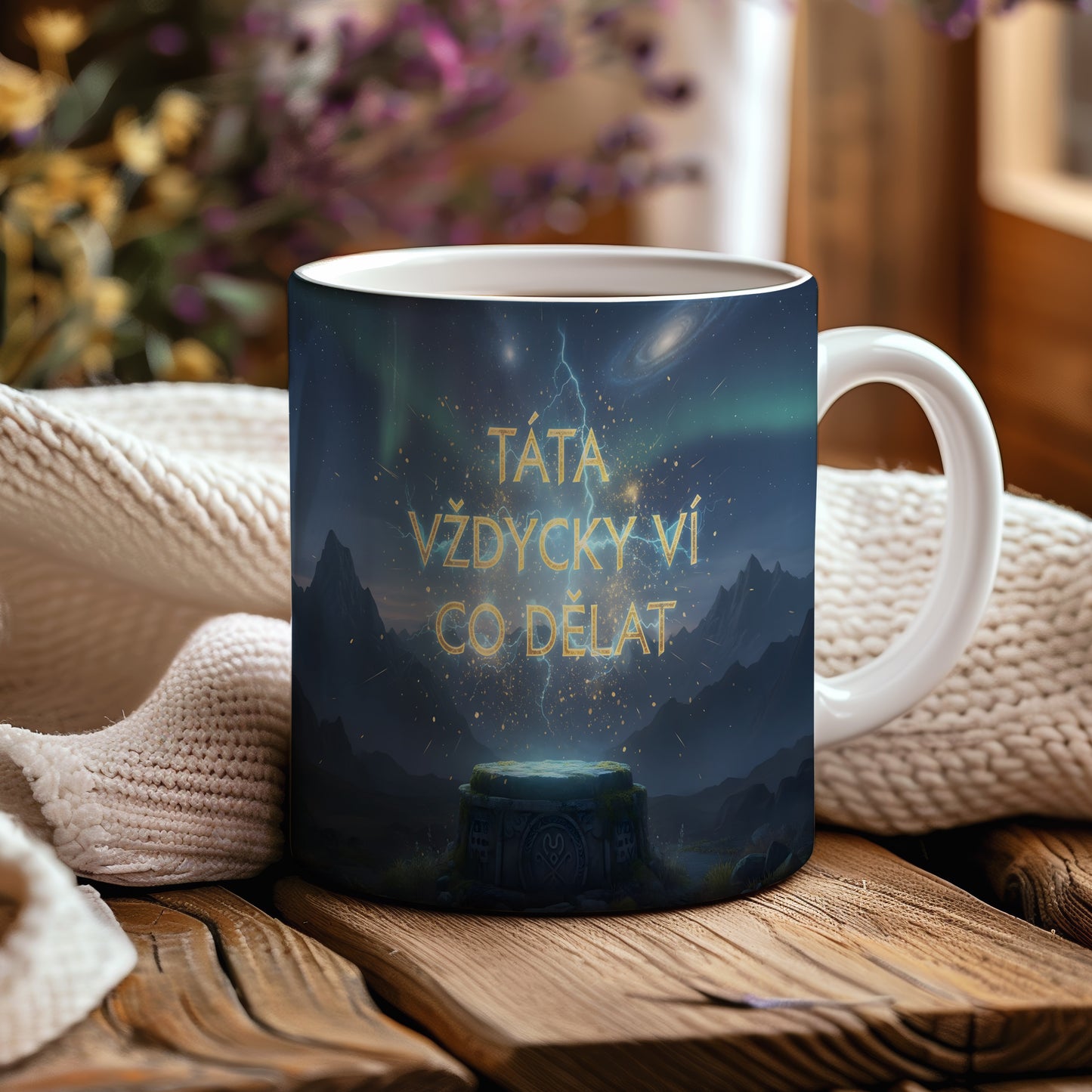 Hrnek s nápisem 'TÁTA VŽDYCKY VÍ CO DĚLAT' a vesmírným motivem.