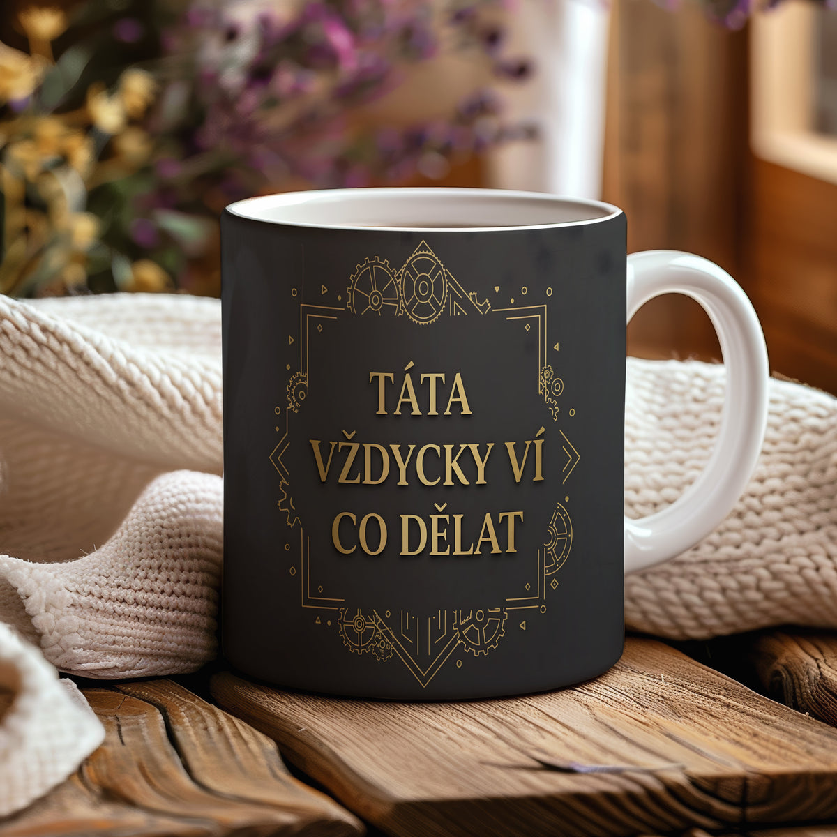 Černý hrnek se zlatým textem a technickým vzorem.