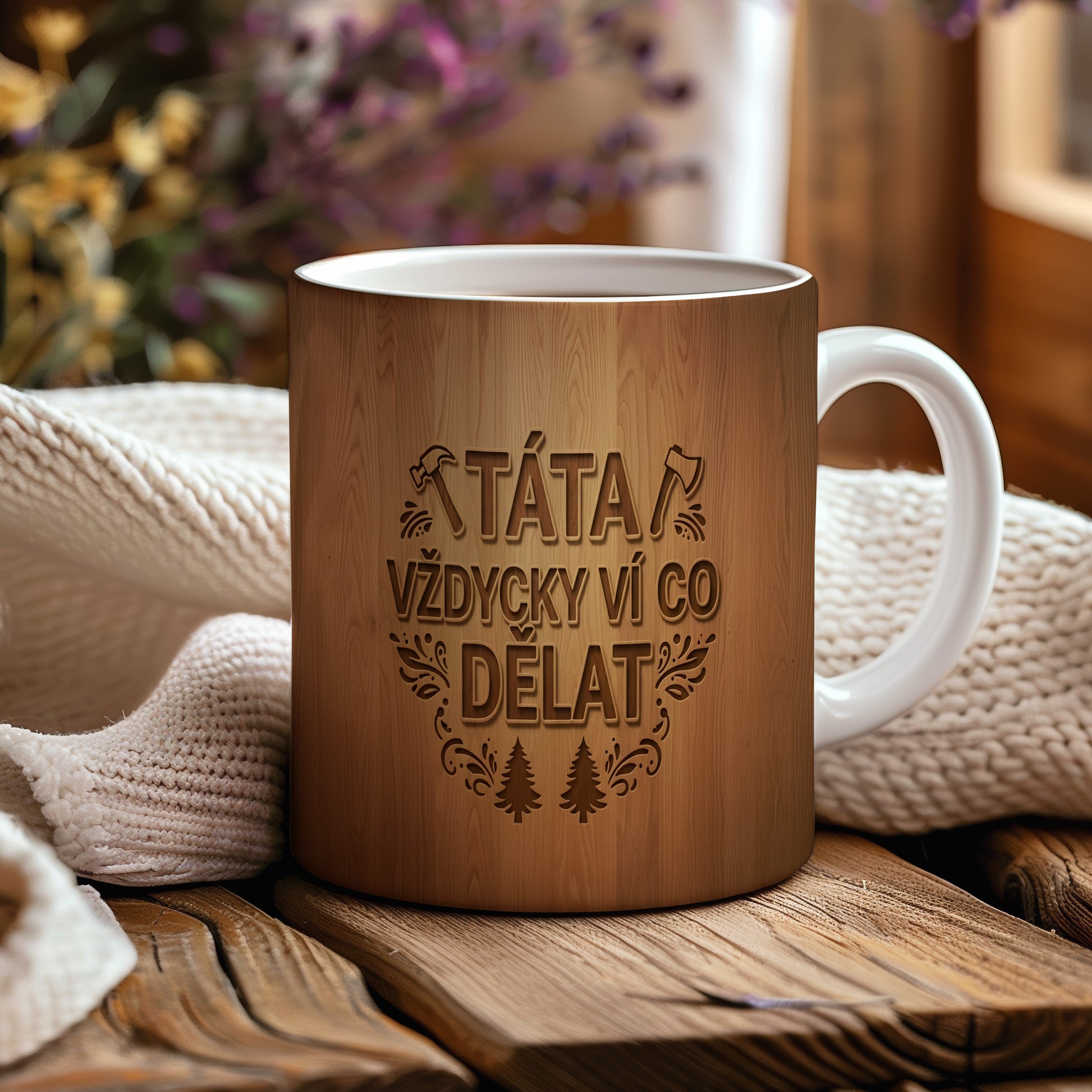 Hrnek s dřevěným motivem a nápisem TÁTA VŽDYCKY VÍ CO DĚLAT.