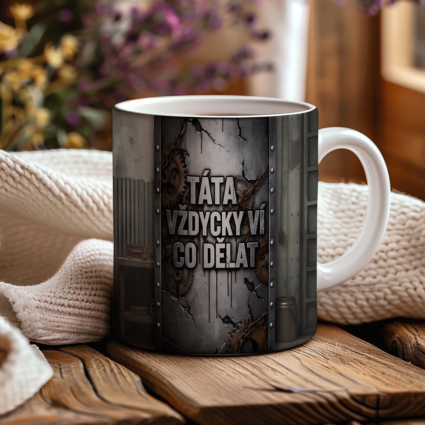 Hrnek s nápisem 'TÁTA VŽDYCKY VÍ CO DĚLAT' a ozubenými koly na kovovém pozadí.