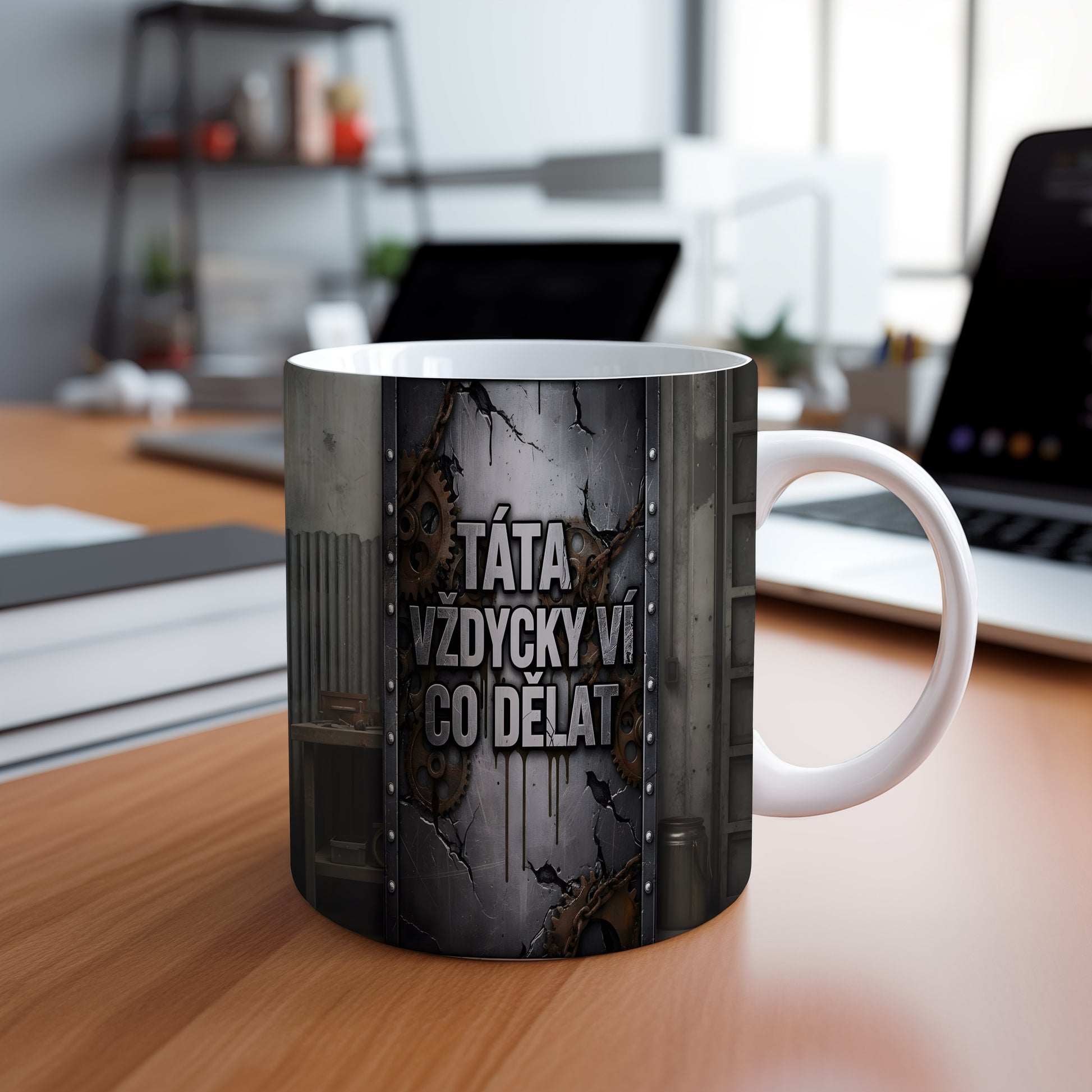 Hrnek s nápisem 'TÁTA VŽDYCKY VÍ CO DĚLAT' a ozubenými koly na kovovém pozadí.