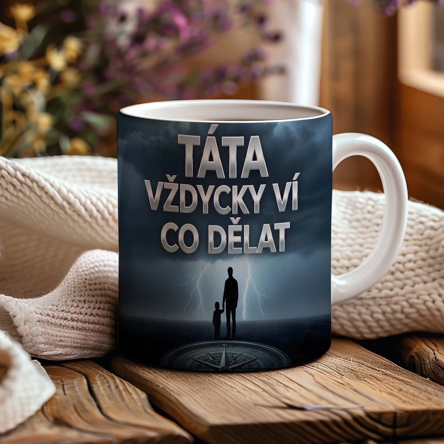 Hrnek s motivem otce a syna na bouřkové obloze s nápisem TÁTA VŽDYCKY VÍ CO DĚLAT.