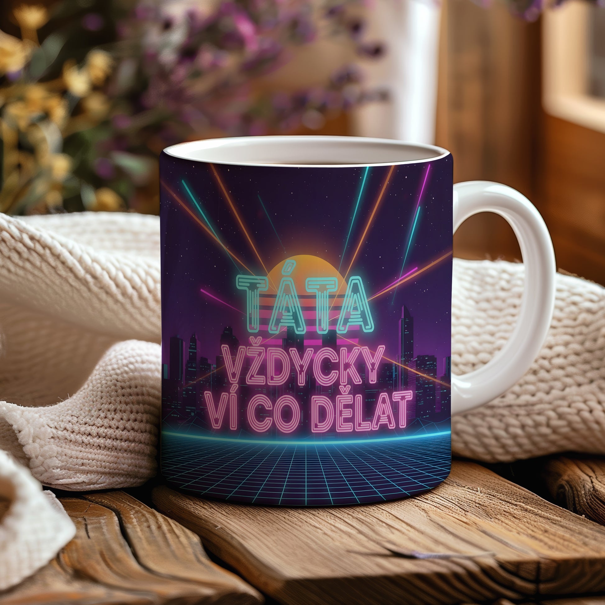 Hrnek s neonovým nápisem TÁTA VŽDYCKY VÍ CO DĚLAT na moderním pozadí.