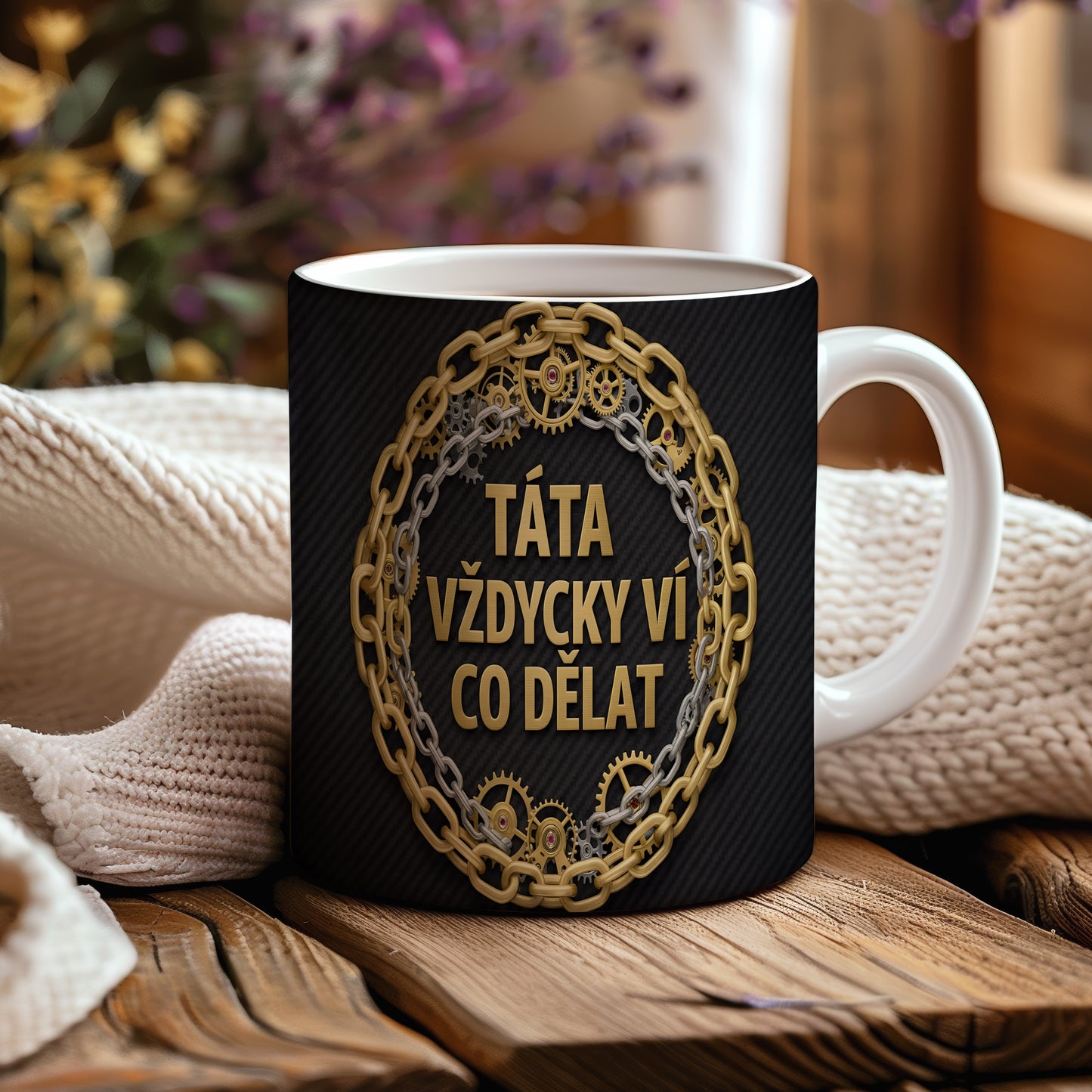 Hrnek s nápisem TÁTA VŽDYCKY VÍ CO DĚLAT s motivem řetězů a ozubených kol.
