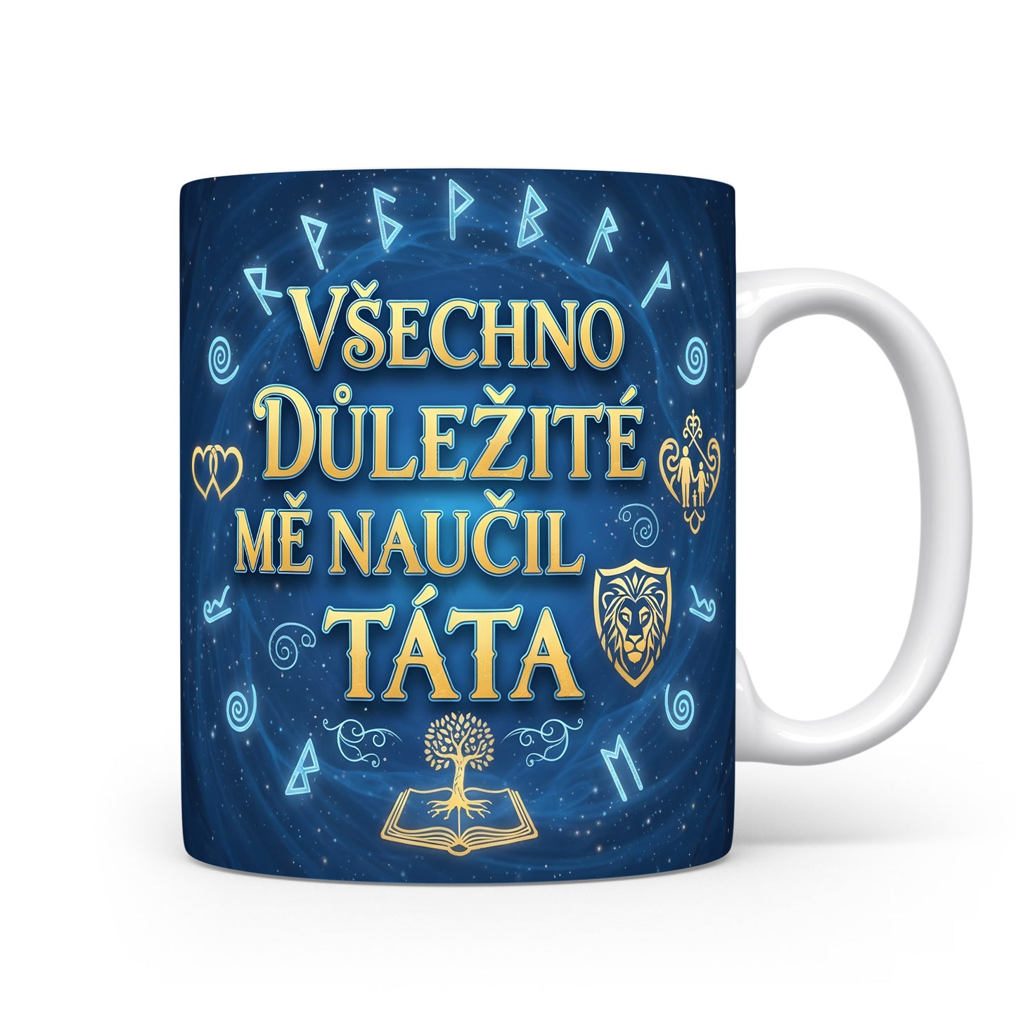 Modrý hrnek s motivem run a nápisem Všechno důležité mě naučil táta.