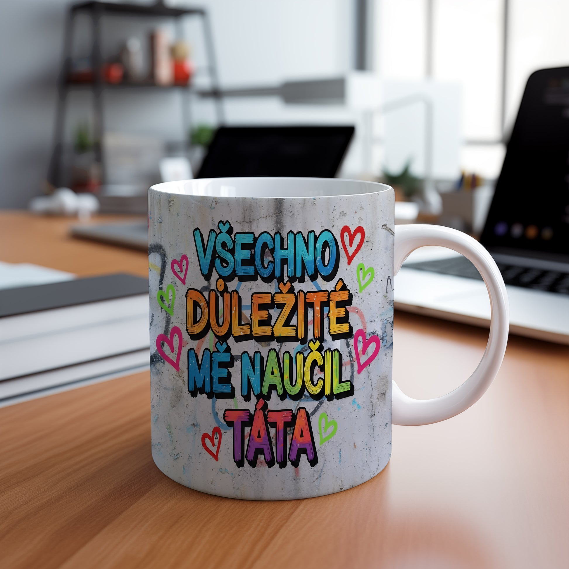 Hrnek s barevným nápisem a srdíčky na betonovém pozadí.