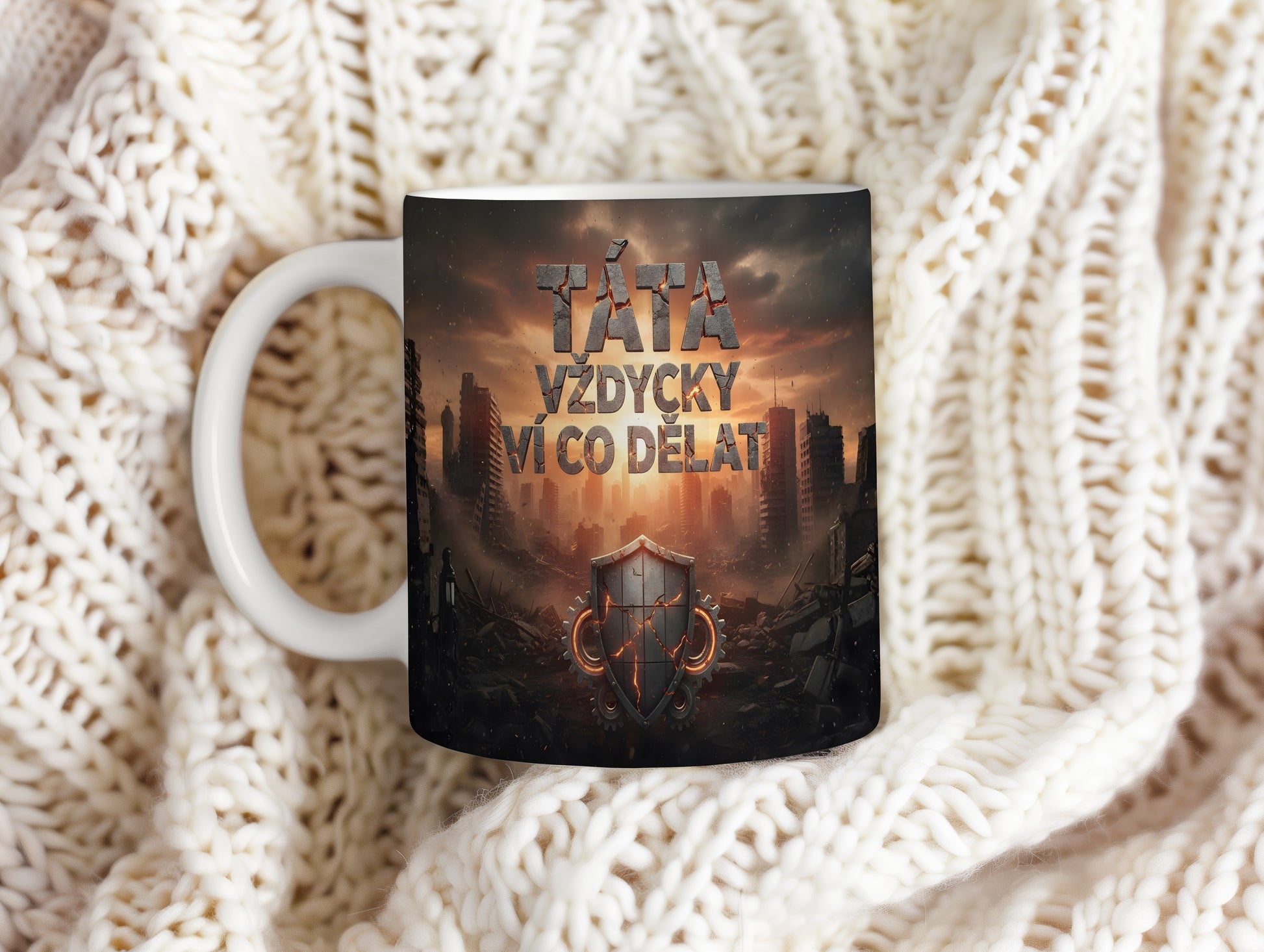 Hrnek s nápisem TÁTA VŽDYCKY VÍ CO DĚLAT a motivem štítu.